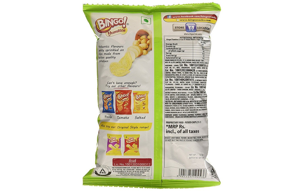 Bingo Cream & Onion Potato Chips   Pack  52 grams